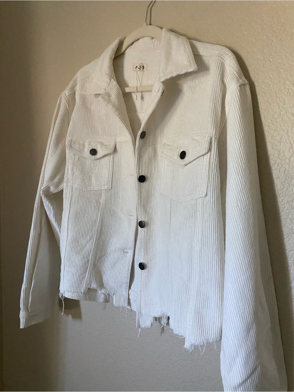 NWOT Distressed grunge slashed corduroy Button-Up shacket off white Cropped